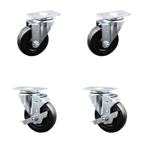 4 Inch Hard Rubber Wheel Swivel Top Plate Caster Set with 2 Brakes SCC
